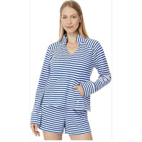 Lilly Pulitzer Cassi Popover Cane Blue Tropez Stripe Long Sleeve Sz XL Terry - Picture 11 of 12